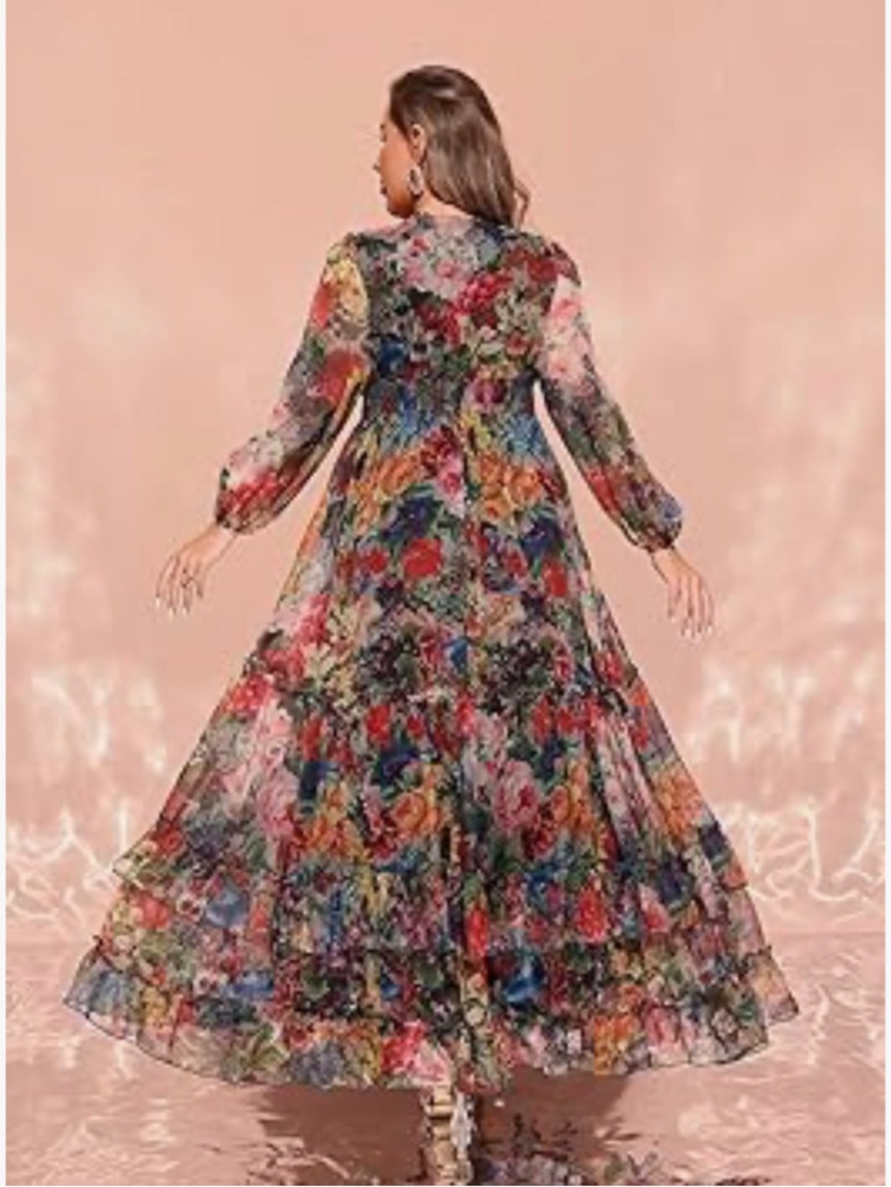 Amazon Floral V-Neck Long Sleeve Tiered Maxi Dress - Multicolor - Picture 2 of 4